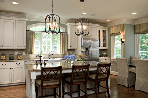 Santa Cecilia Granite Counters Travertine Backsplash Dark Floor